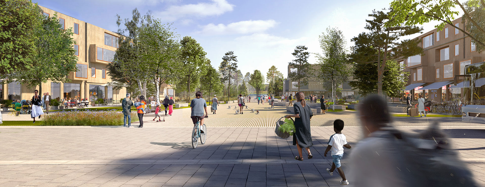 People are moving around the square, and Lake Nydala is visible in the background.