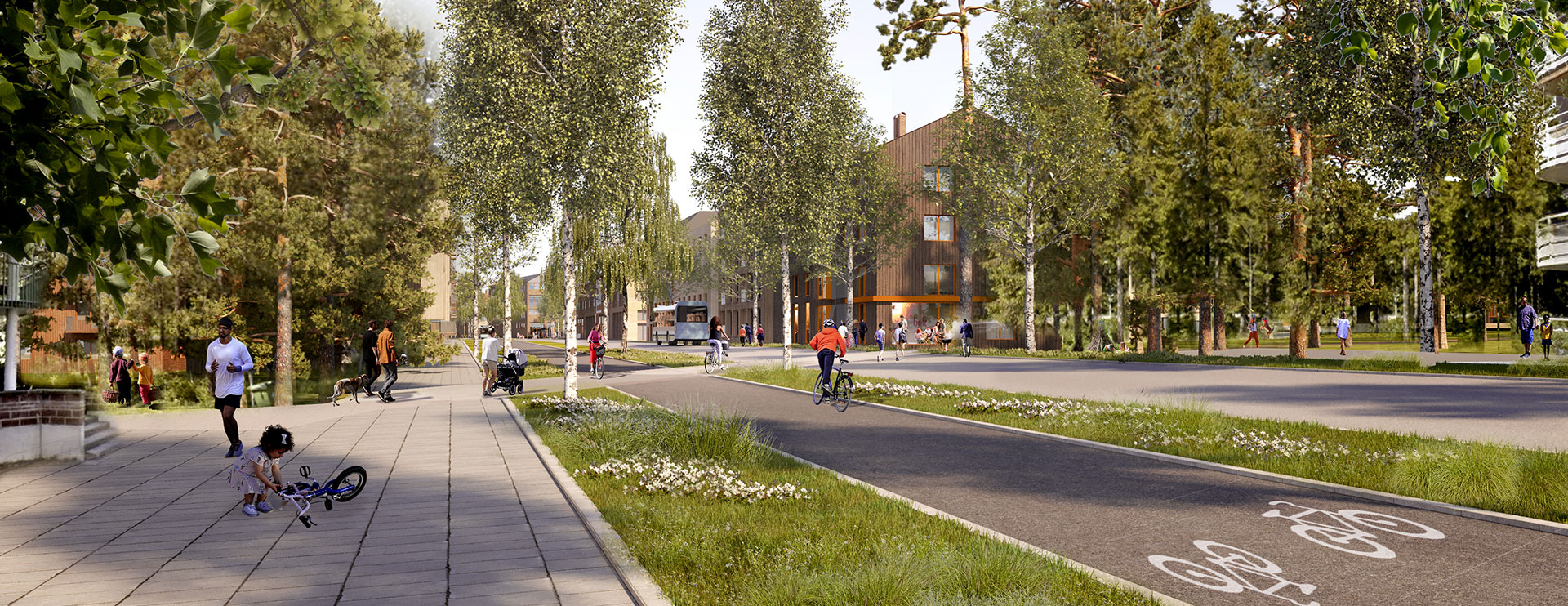 People are moving along the central pathway at the future Tomtebo strand.