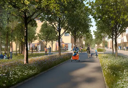 The image depicts several people having a picnic in the park, some taking a stroll, and one person biking with a child in a cargo bike