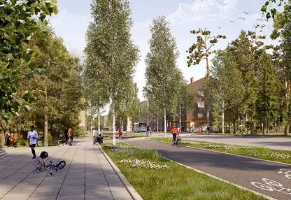 En illustrerad bild över Tomtebo strand med personer som cyklar och promenerar på cykelstråket.