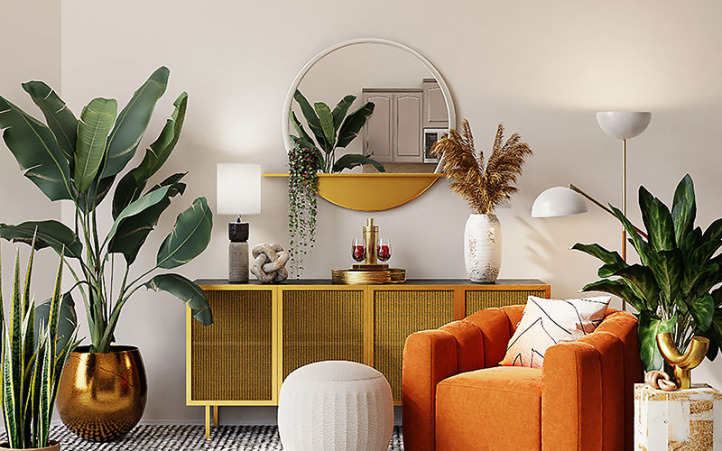 An interior picture of a living room with an armchair and a sideboard.