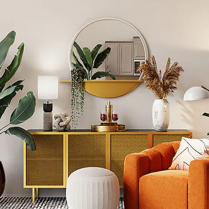 An interior picture of a living room with an armchair and a sideboard.