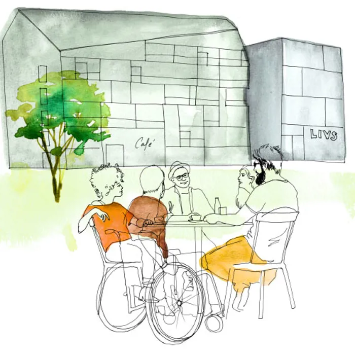 A cartoon drawing of several people sitting around a table and talking.