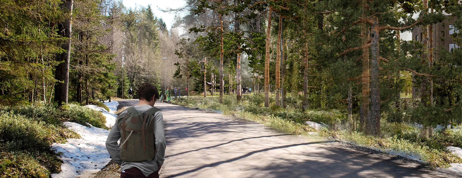 A person is walking on a forest path.
