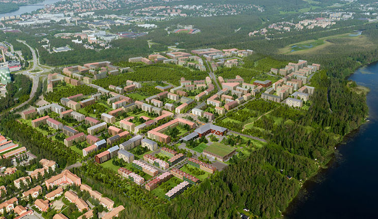 Aerial view of the entire Tomtebo strand illustrating the layout of where all the buildings will be placed