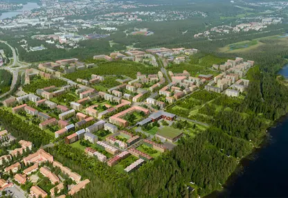 Flygbild över hela Tomtebo strand som visar en illustrerad översikt över vart alla byggnader ska placeras
