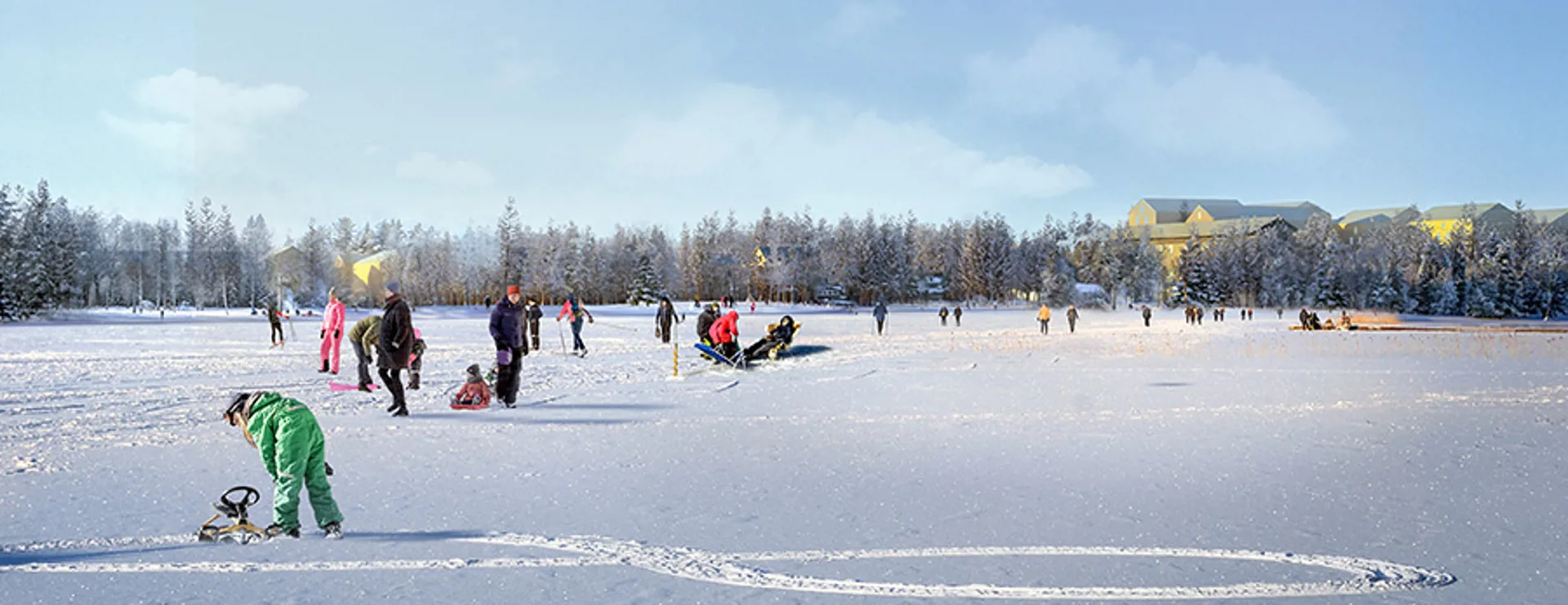 Barn och vuxna leker på sjön i snön. Hus skymtas bakom träden.