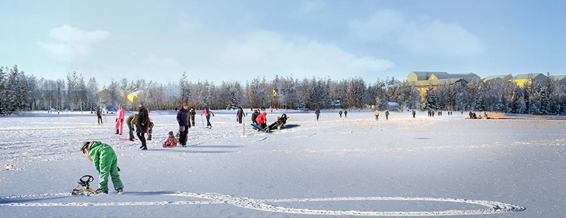 Children and adults are playing on the lake in the snow. Houses are glimpsed behind the trees.