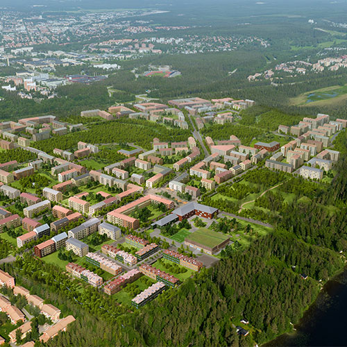 Aerial view over Tomtebo strand, showing the planned locations of all buildings and blocks