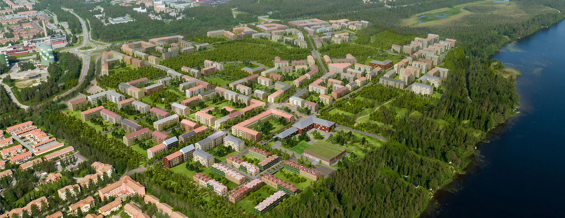 An aerial view over Tomtebo Beach with illustrated buildings and blocks.