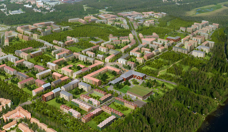 En flygvy över Tomtebo strand med illustrerade byggnader och kvarter.