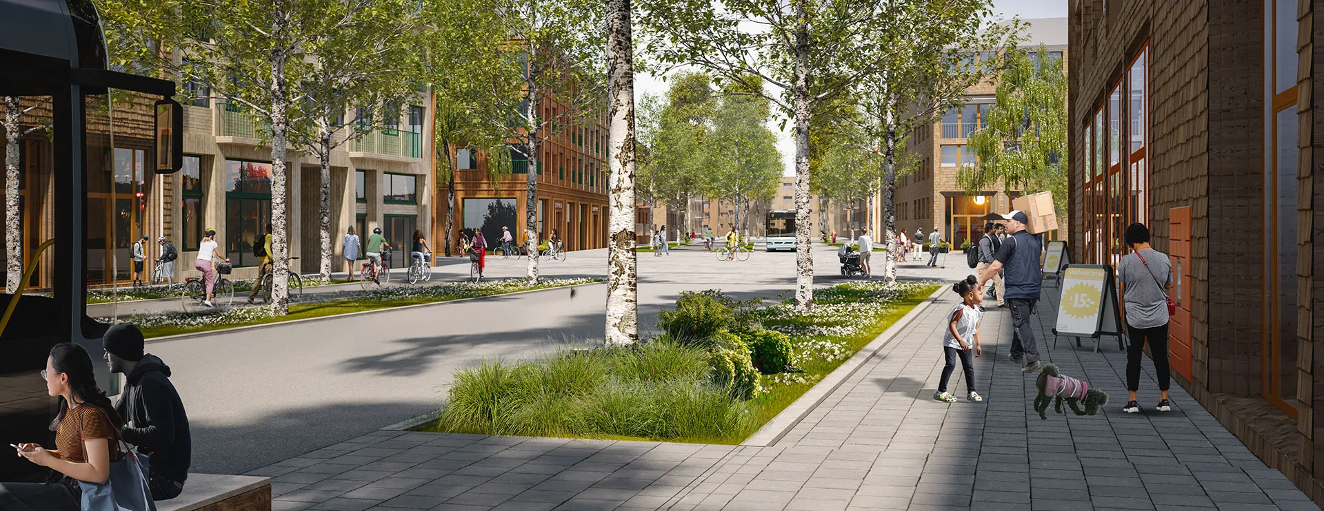 People are walking on the street near the central pathway.