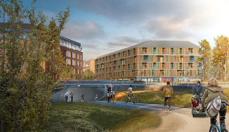 An illustrated photo depicting how the commercial quarters at Tomtebo strand might look. People cycling on the bike path to and from the quarters.