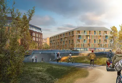 An illustrated photo depicting how the commercial quarters at Tomtebo strand might look. People cycling on the bike path to and from the quarters.
